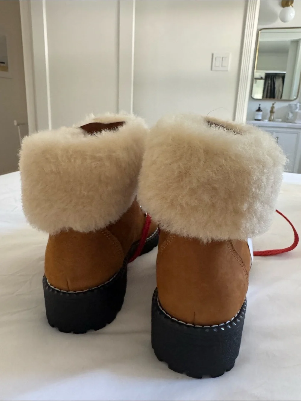 J. Crew Nordic Shearling Boots Tan with Red Laces